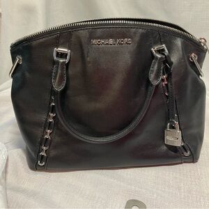 Michael Kors Black Leather Dome Satchel with Padlock Detail